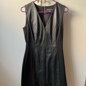V Neck Faux Leather Black Dress